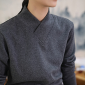 拈花缘通勤中国风文艺百搭立领高交领上衣打底衫 t恤女春秋 长袖