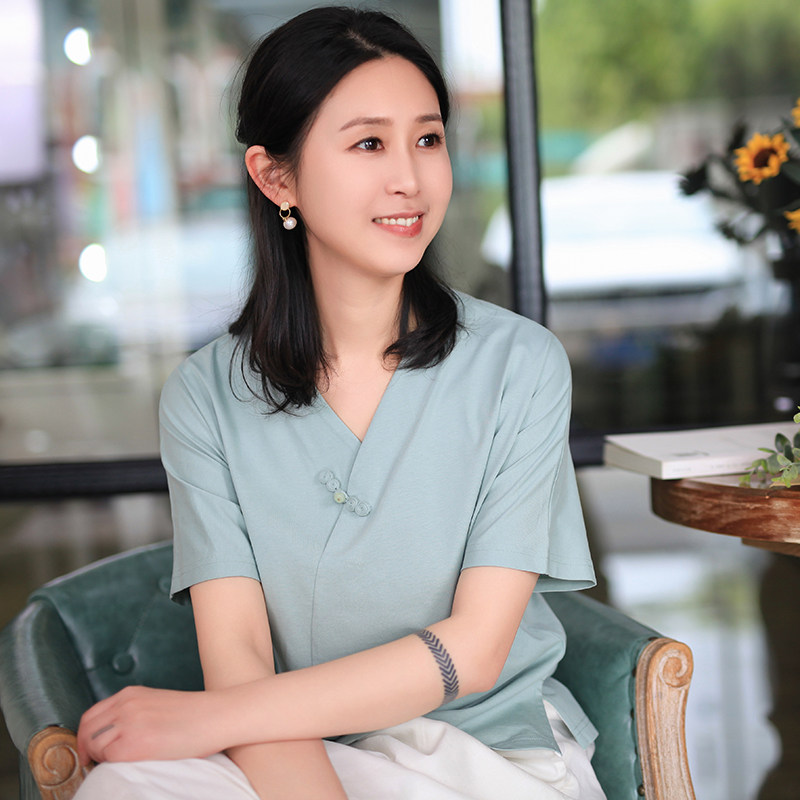 拈花缘文艺新中式纯棉中国风V领短袖t恤汉服中式上衣 禅茶服女夏