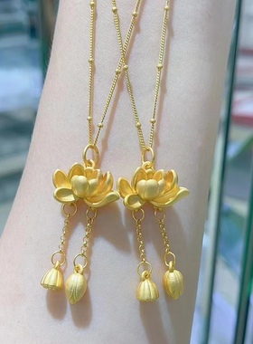 加厚金古法荷花两世欢吊坠黄色饰品莲花个性锁骨链项链送女友爱人