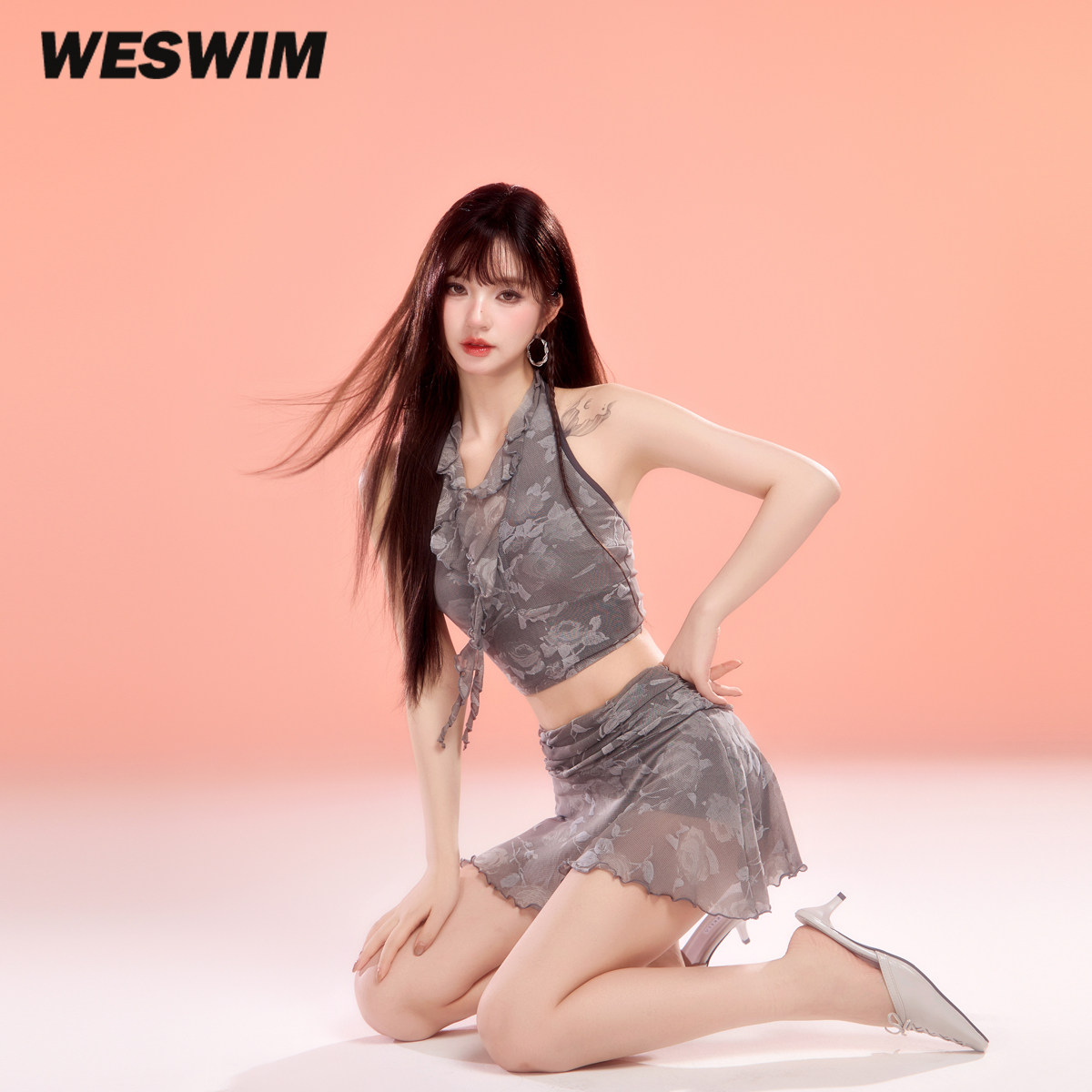 WESWIM流苏露背花朵裙式分体泳衣