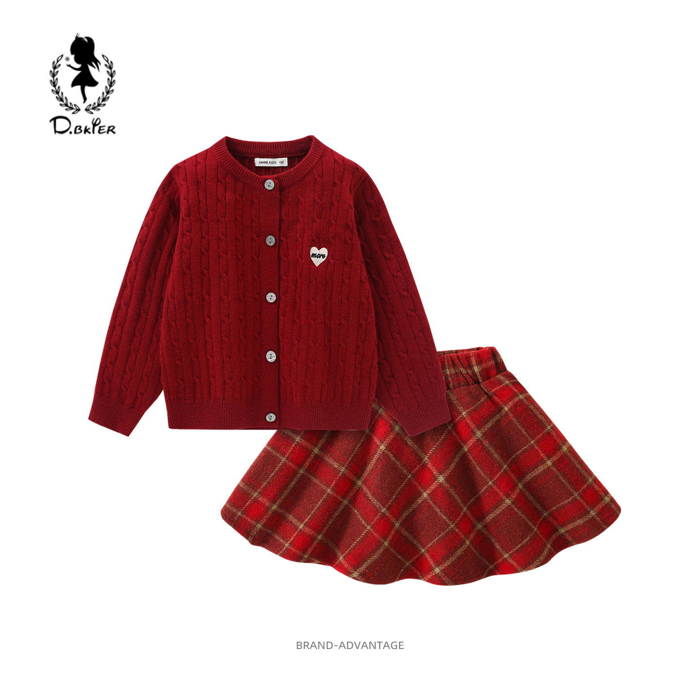 DeerBell女童套装红色毛衣呢子裙