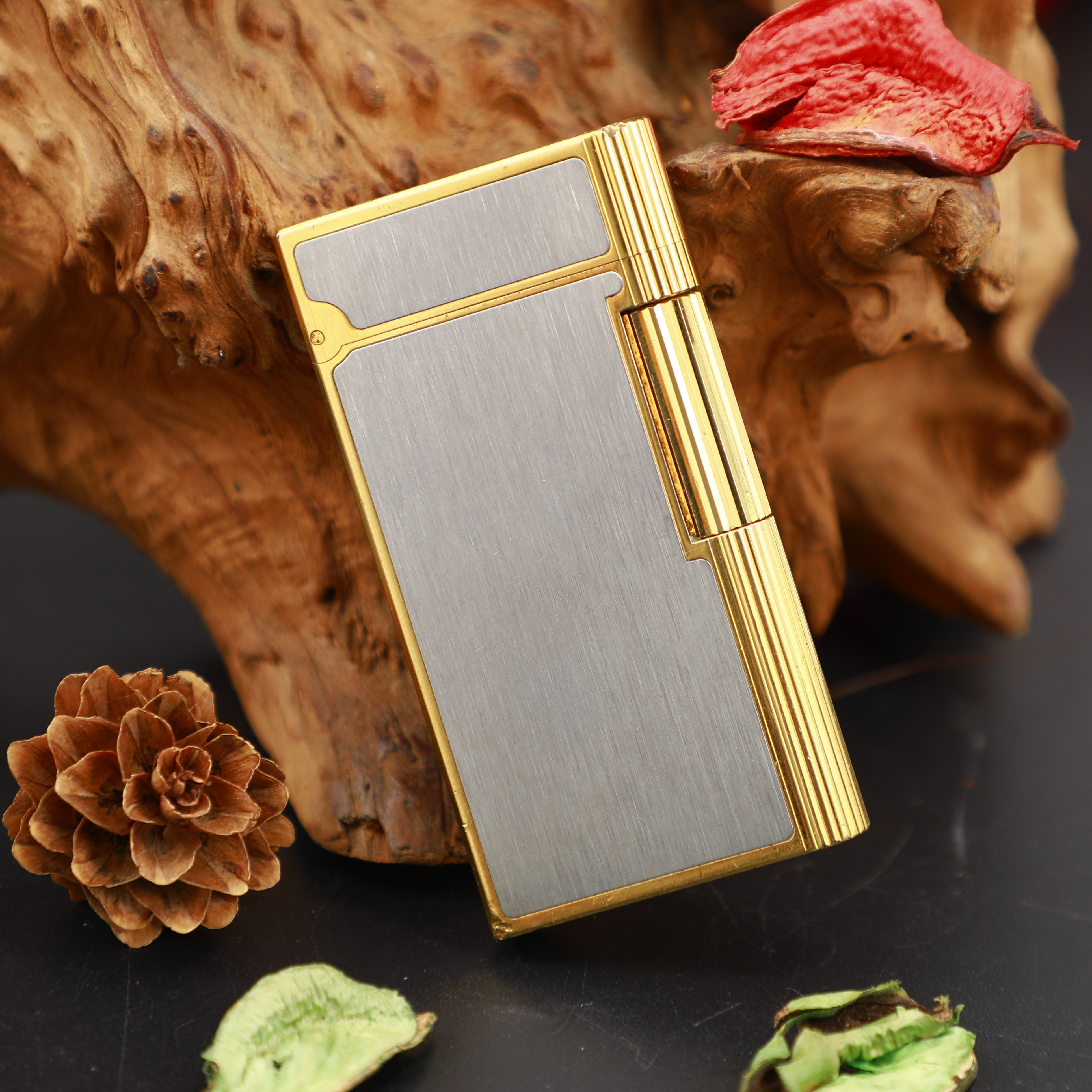 9成新凯兰帝金边银拉丝面纯铜男士收藏送礼双气缸斜火瑞士打火机