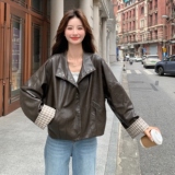 宽松型长袖POLO领极简风翻领皮衣秋季小个子黑色上衣春秋时尚休闲，女装皮衣，浙宝176（原073）