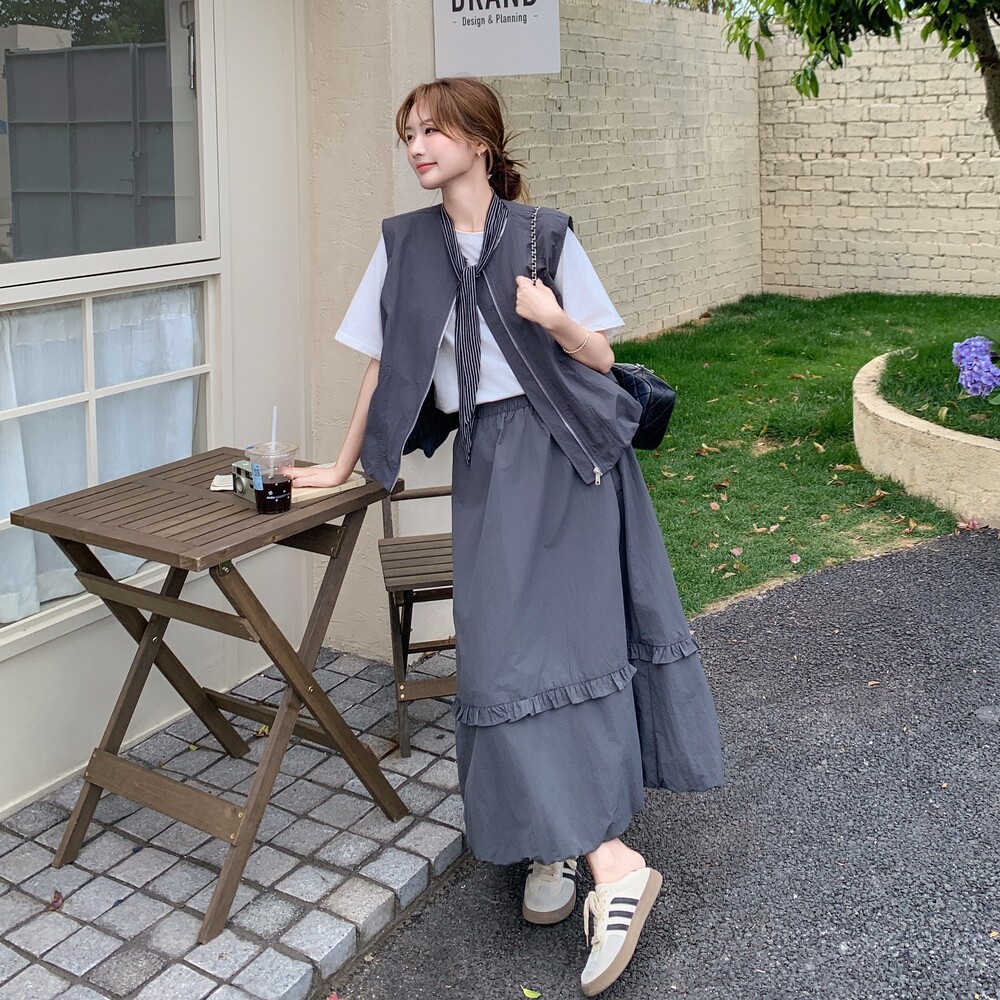 灰色马甲半身裙三件套女夏季新款独特绝美韩系清冷松弛感穿搭套装,女装套装/套裙,浙宝176（原073）