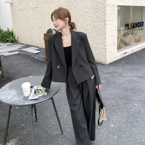 休闲灰色西装阔腿裤套装女春秋盐系轻熟又a又飒御姐巨好看两件套图片