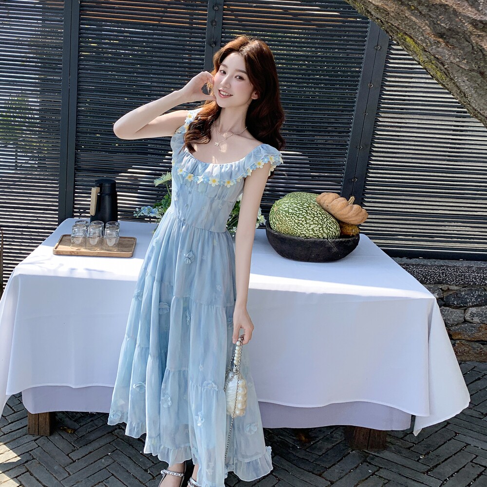 法式蓝色立体花朵独特雪纺连衣裙女2025夏季新款气质方领吊带裙子,女装连衣裙,浙宝176（原073）