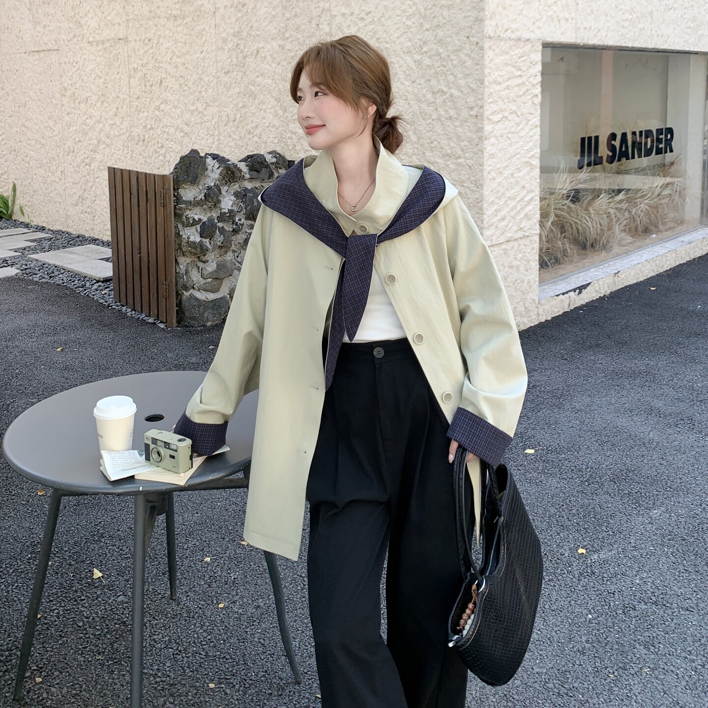 【数据好】【主推款】时尚格子拼接风衣外套女春秋8930-P175-K258,女装风衣,浙宝176（原073）