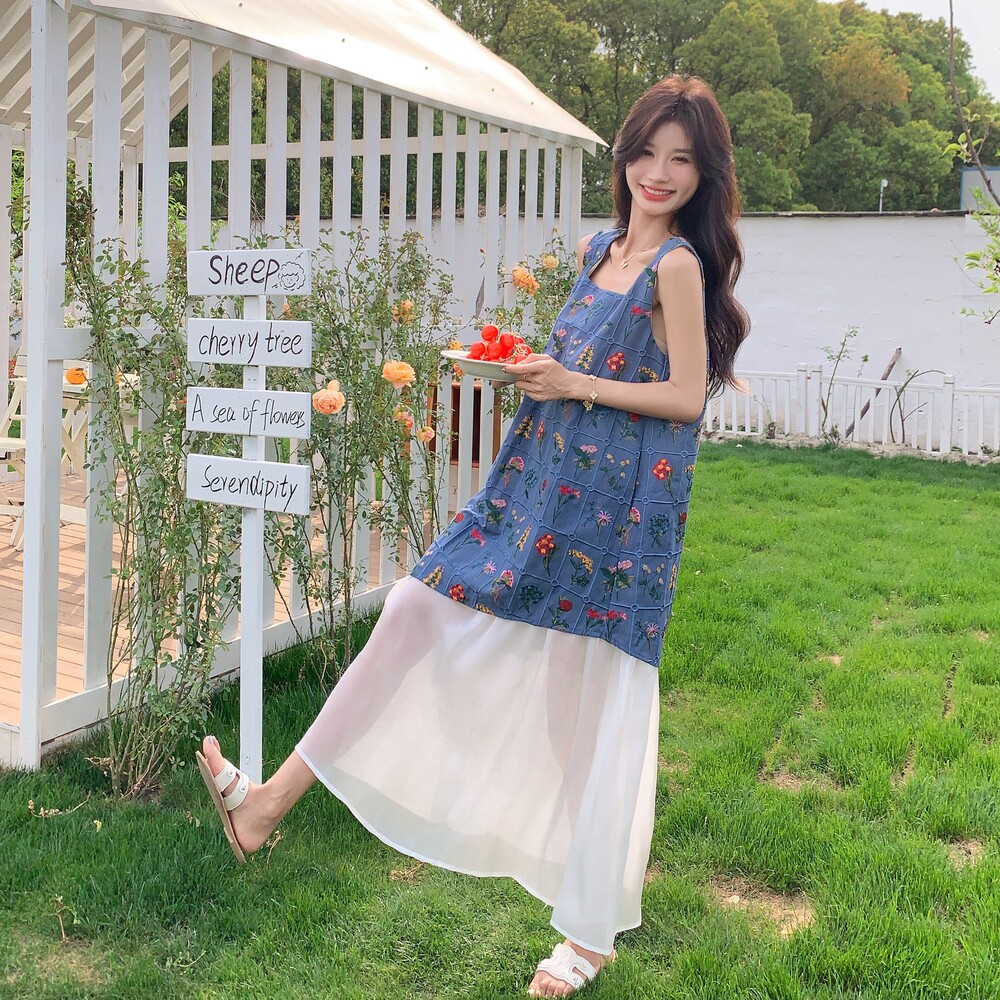 法式绝美气质蓝色刺绣拼接连衣裙女装2025夏季新款假两件时尚长裙,女装连衣裙,浙宝176（原073）