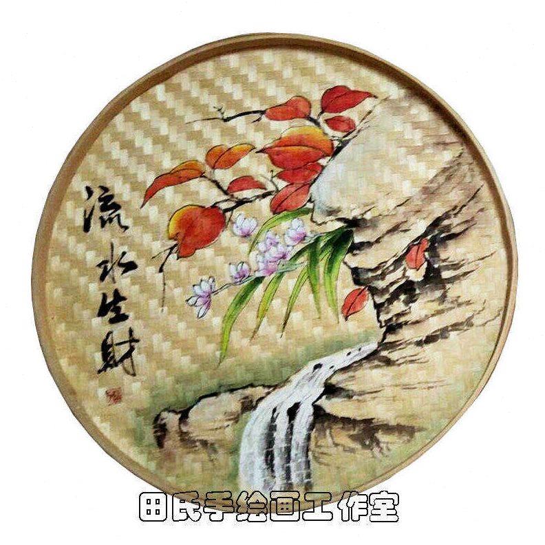 手绘竹编装饰画簸箕画手工装饰墙饰背景墙壁挂饰圆形挂件挂饰壁饰