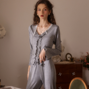 带胸垫 家居服套装 夏何夕性感睡衣女纯欲风小胸蕾丝花边长袖 长裤