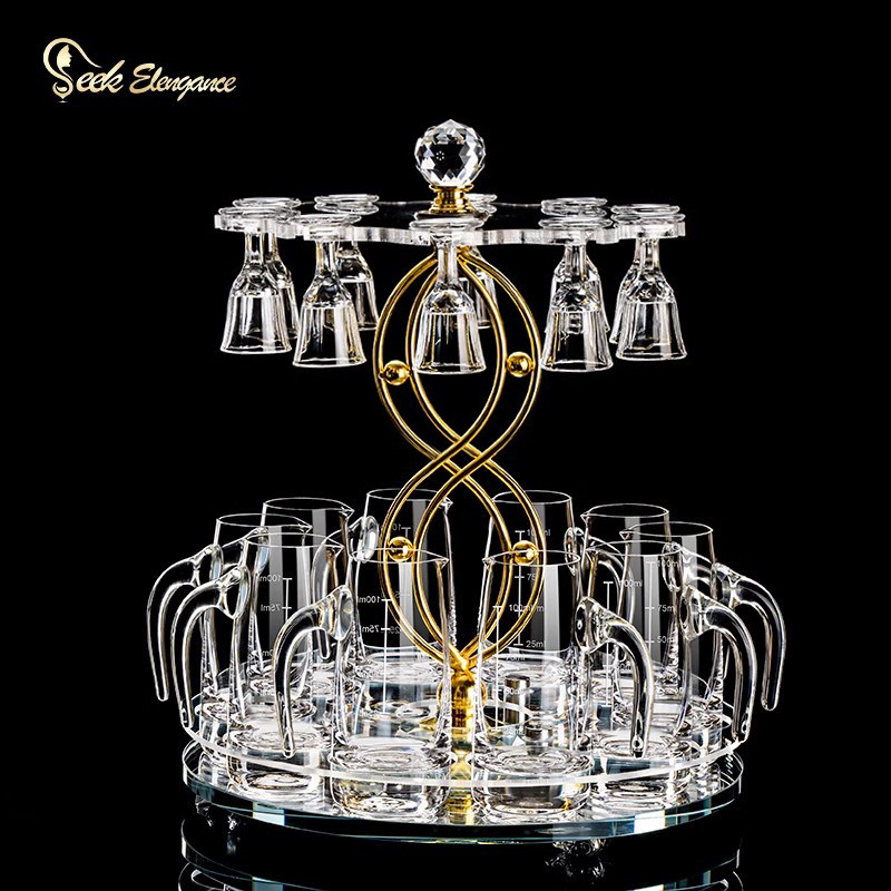 家用中式白酒杯套装小酒杯分酒器轻奢高档水晶玻璃酒具组套带杯架