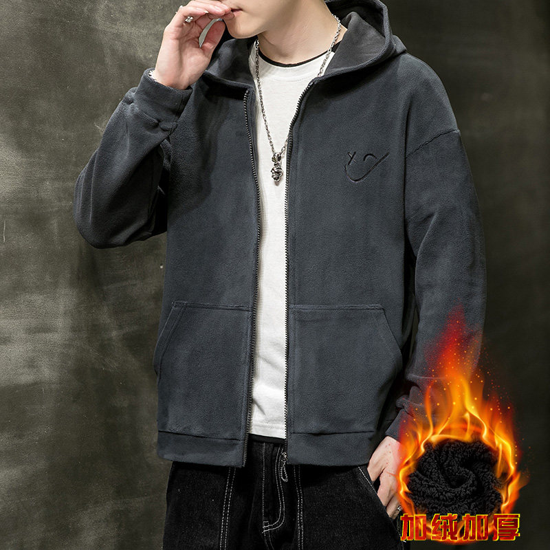 冬装新款青少年男士加绒加厚夹克工装外套连帽上衣男