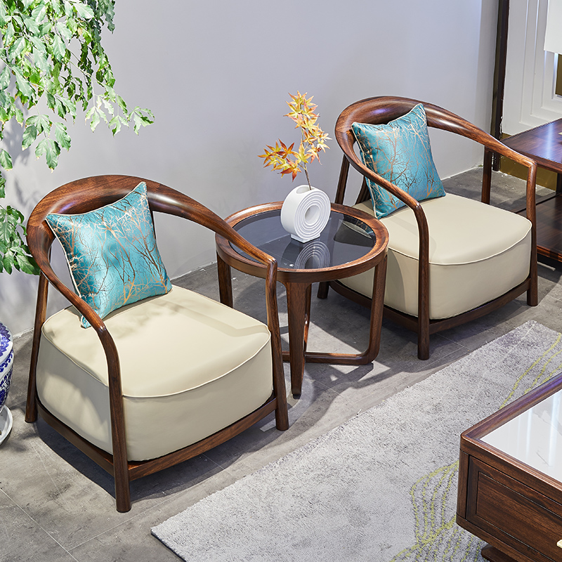 新中式乌金木三件套休闲椅单人沙发椅圆几实木极简圈椅原木洽淡桌