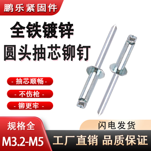 开口型全铁圆头抽芯铆钉铁抽芯钉铁卯钉铁拉钉钢制铆钉拉铆钉拉穿