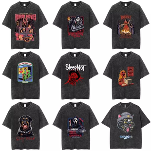 美式复古水洗做旧短袖t恤男女高街欧美跨境潮牌嘻哈宽松情侣上衣