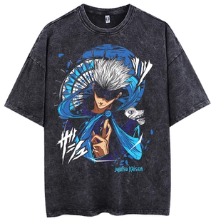Jujutsu kaisen咒术回战五条悟跨境美式街头水洗做旧复古短袖T恤