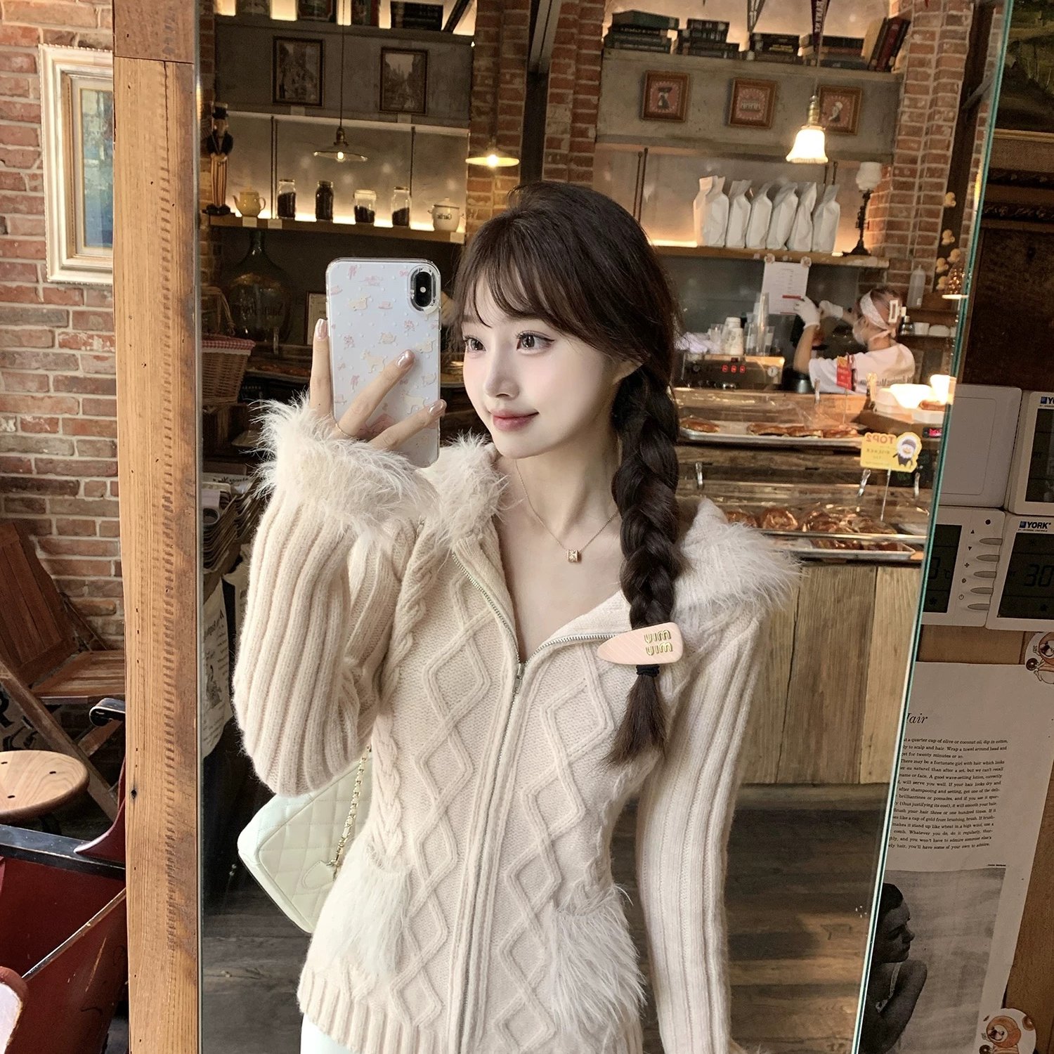 初梦POKEMENG 星甜物语 日系甜美毛领麻花长袖收腰拉链毛衣开衫