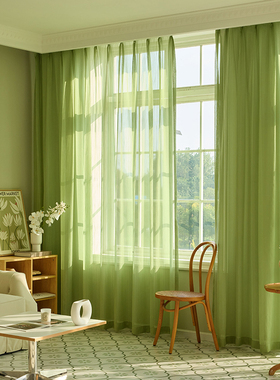 绿色纱帘清新浪漫客厅飘窗窗帘纱帘卧室穿杆帘免打孔绿色复古窗帘