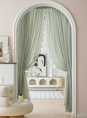 法式蕾丝绿色窗帘透光不透人纱帘少女心清新覆古魔术贴拱形门门帘