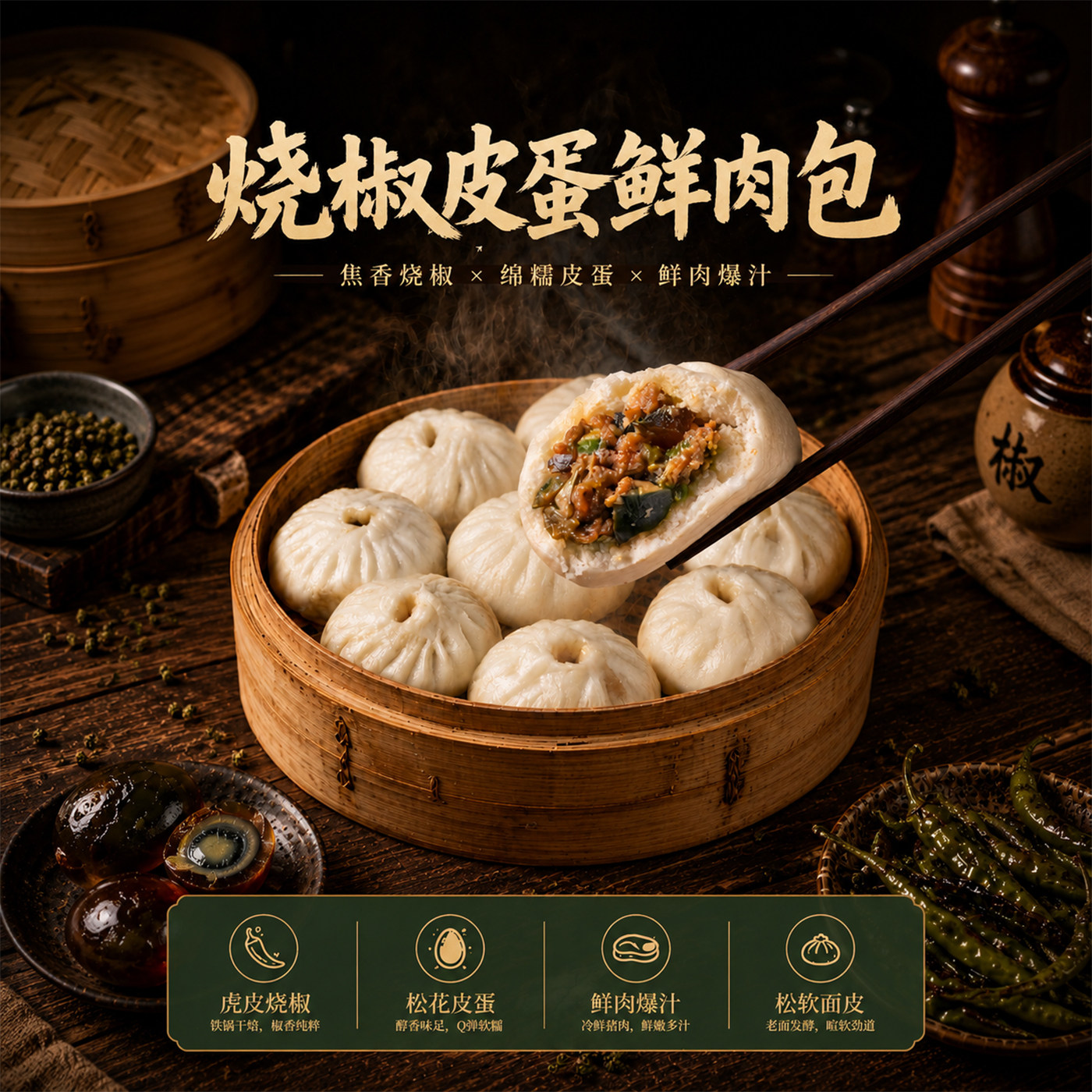 头厨烧椒皮蛋鲜肉包包子图片