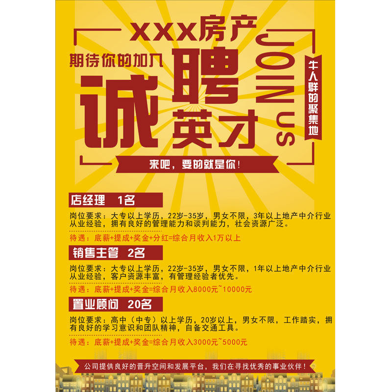 房产招聘导购员海报服装店手机店宣c传贴纸贴画玻璃墙贴诚聘1748
