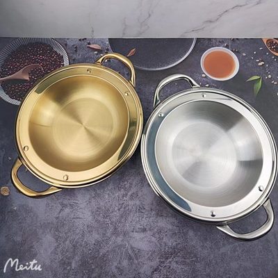 金色商用锅具双耳专用干锅电磁炉平底加厚高档宽锅卡式炉不锈钢边
