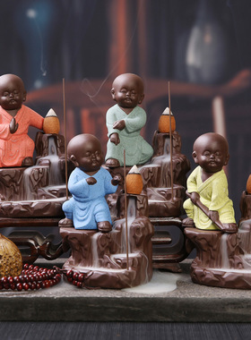 烟倒流香炉创意紫砂功夫小和尚彩砂陶熏炉插香道办公家居车载