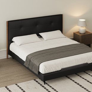 栖作方圆真皮床现代主卧大床1米8双人床政府补贴黑色意式软包床