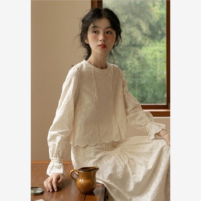 法式白色长袖套装女小个子2025春秋新款设计感衬衫半身裙子两件套