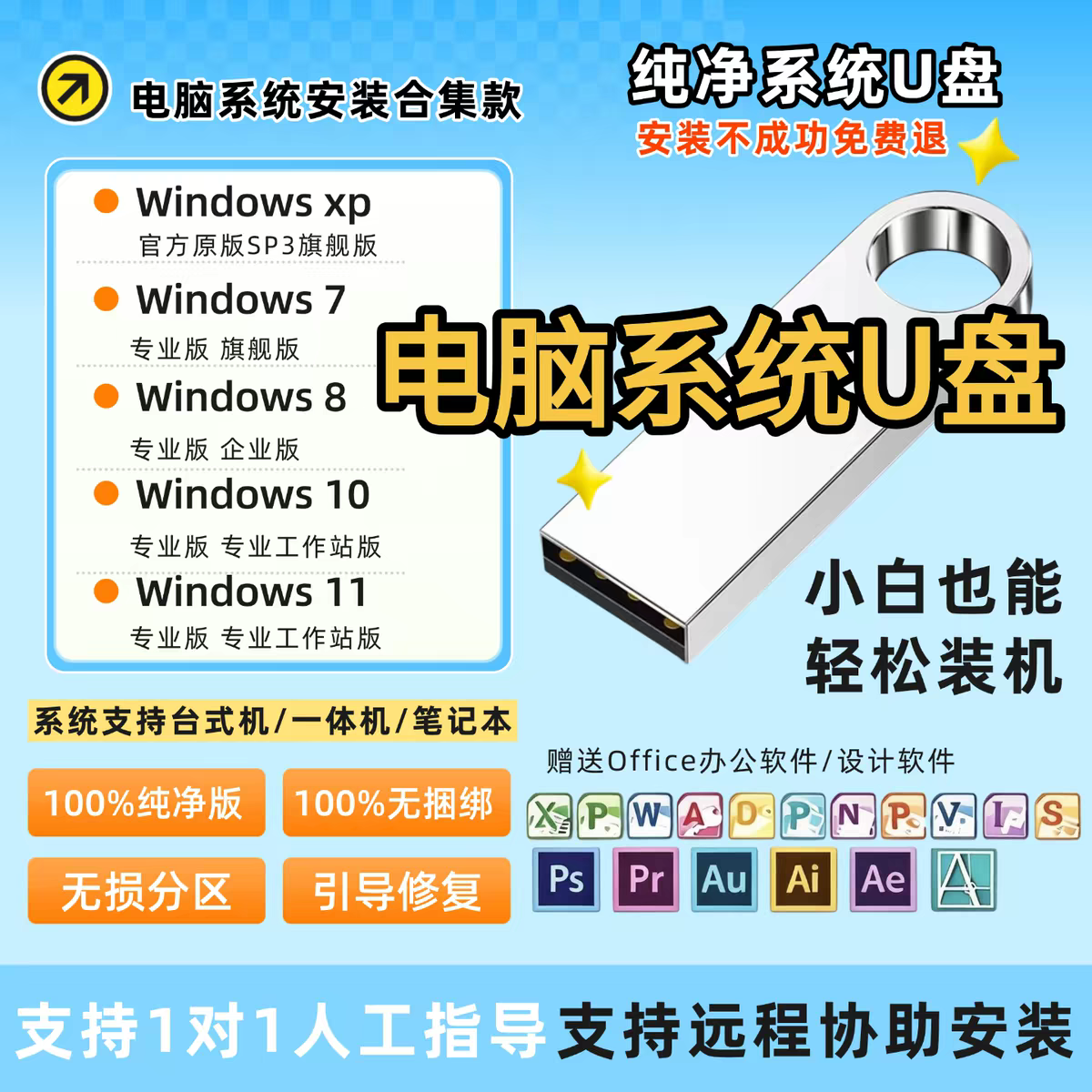 电脑故障解决重装系统U盘Windows11/10/7原版纯净版小白一键安装