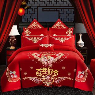婚庆四件套大红刺绣结婚新婚双人中式龙凤绣花六八十件套床上用品