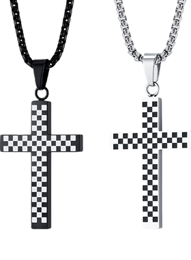 黑白方格子纹十字架吊坠钛钢项链