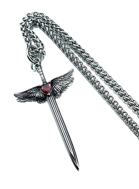 男女复古钛钢天使翅膀十字剑项链