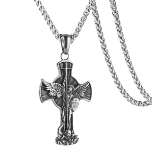 潮牌原创设计大天使长圣米迦勒十字架项链潮男女个性钛钢复古吊坠