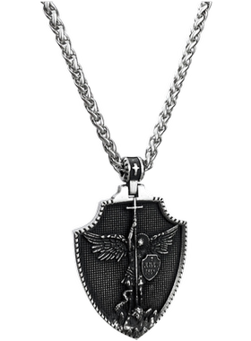 嘻哈男钛钢复古圣米迦勒盾牌项链