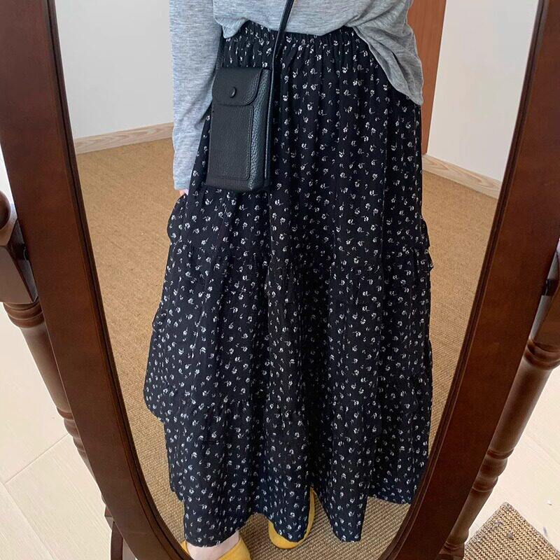 黑色碎花半身裙女夏季新款大尺码胖mm遮跨显瘦小个子百搭a字伞裙