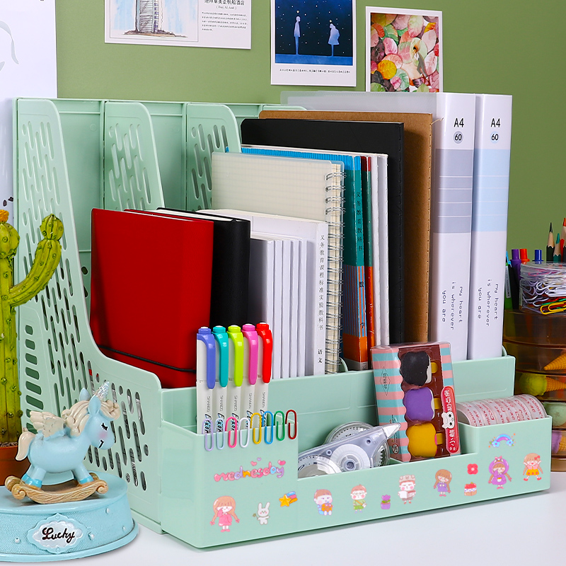 加厚文件框桌面文件架a4置物架文件栏四栏文件夹收纳盒文件架子学生书架办公用品桌面简易书立整理分类文件格