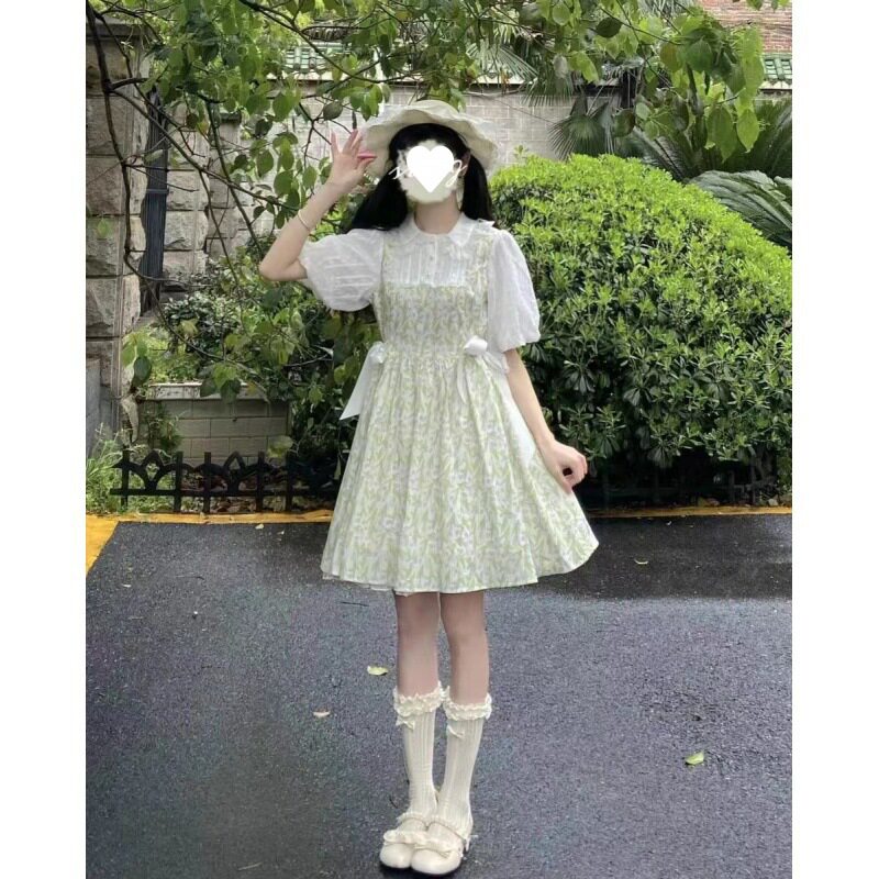 娃娃领假两件连衣裙日系