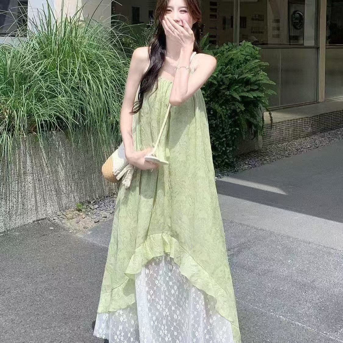绿色碎花吊带连衣裙女202