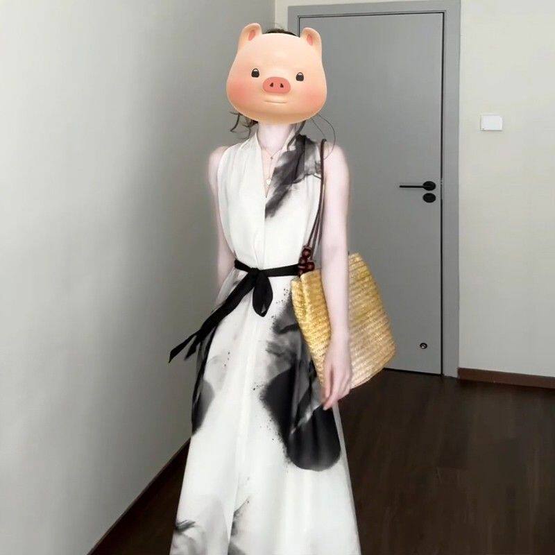 新中式国风水墨画印花v领