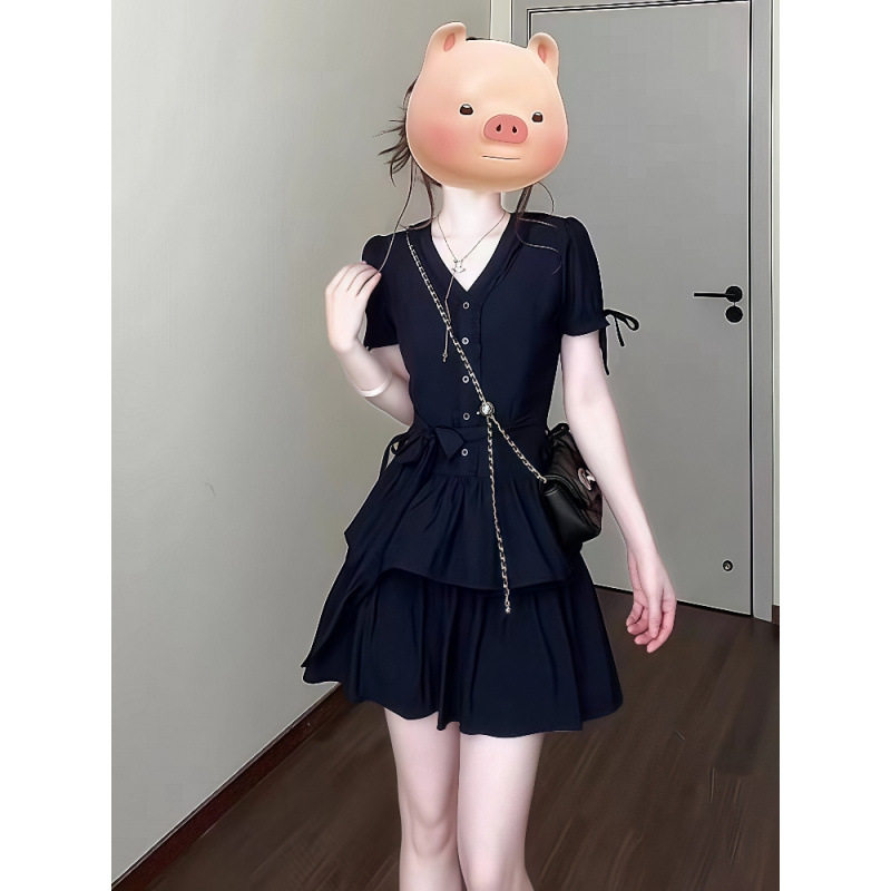 法式甜美v领连衣裙子女夏