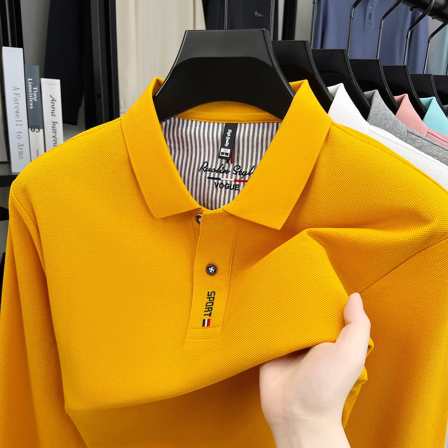 保罗100%纯棉长袖t恤男春秋季2026新款纯色翻领休闲男款体恤上衣