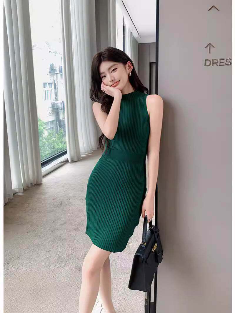 实拍复古港风性感半高领削肩针织连衣裙女夏季修身显瘦包臀短裙子