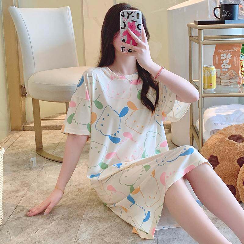 睡裙女春夏季短袖纯棉卡