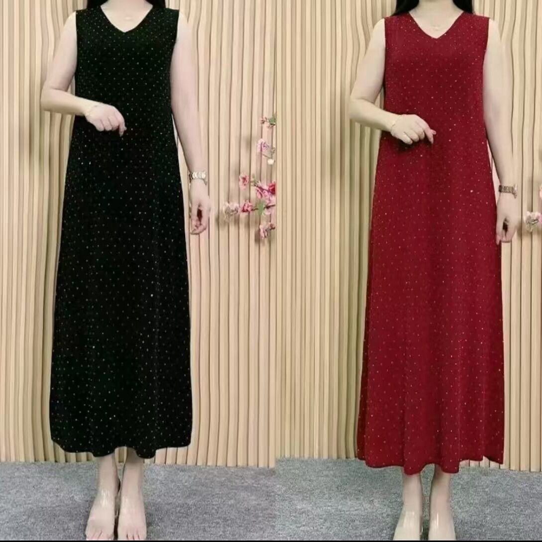 夏季新品冰凉丝重工纯色烫钻无袖背心女V领连衣裙减龄显瘦妈妈装