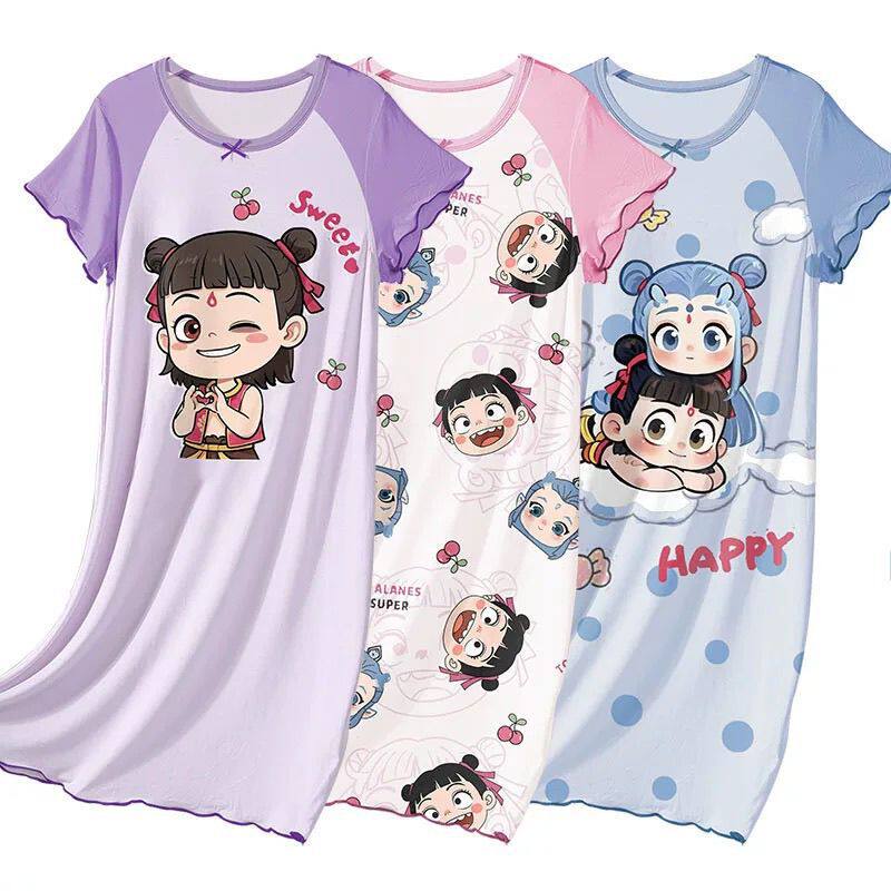 儿童睡衣薄款2025夏季冰丝中小童女童睡裙家居服哪吒可爱拼色裙子