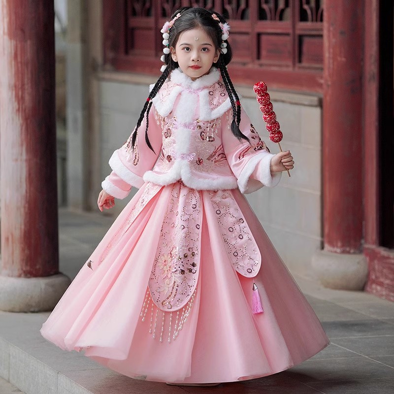 汉服女童冬季裙子2025新款儿童夹棉套装连衣裙冬款加厚新年拜年服