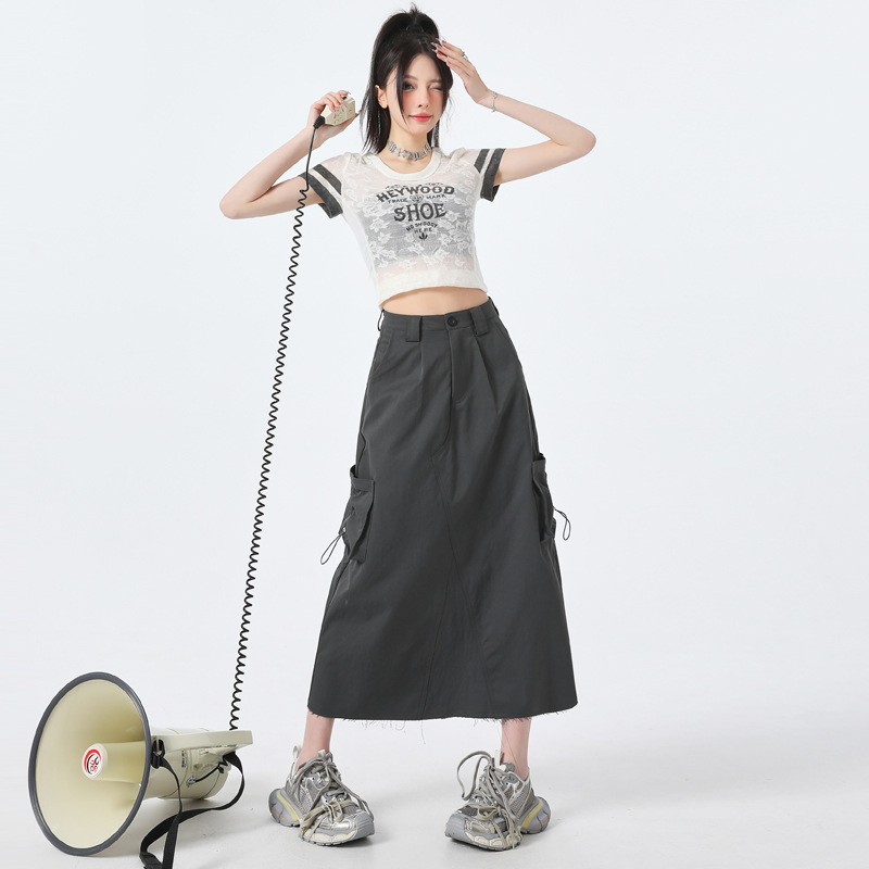 美式开叉工装半身裙女春夏新款高腰显瘦中长款潮流毛边A字裙