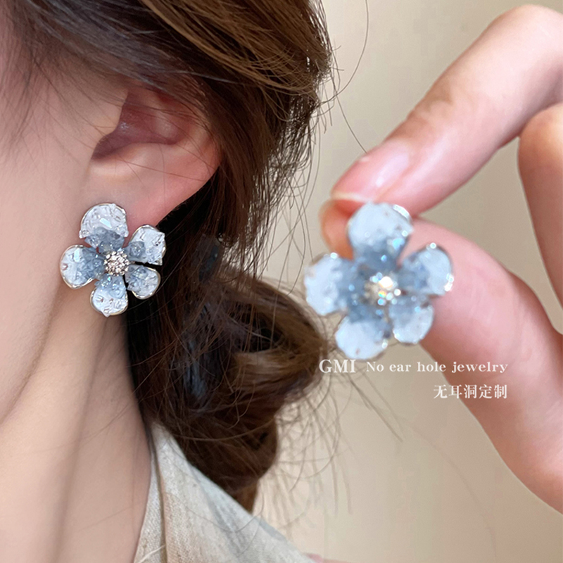 漸變藍水晶花朵鋯石無耳洞耳夾女