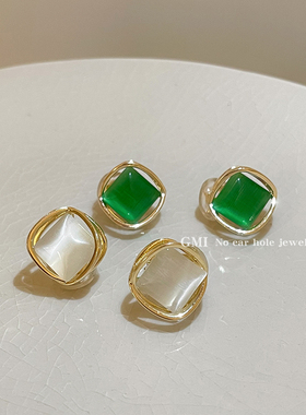 GMI方形猫眼石耳钉无痛硅胶2025新款耳夹高级小众轻奢精致耳饰女